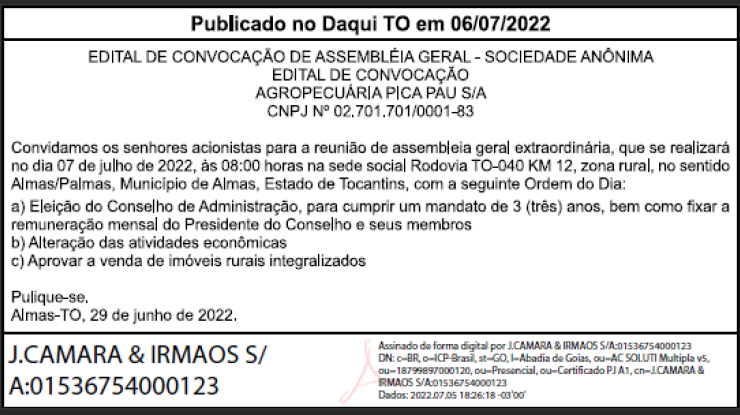 EDITAL DE CONVOCAÇÃO 06/07/2022