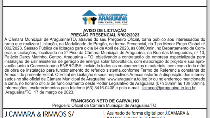 AVISO DE LICITAÇÃO PREGÃO PRESENCIAL Nº 002/2023