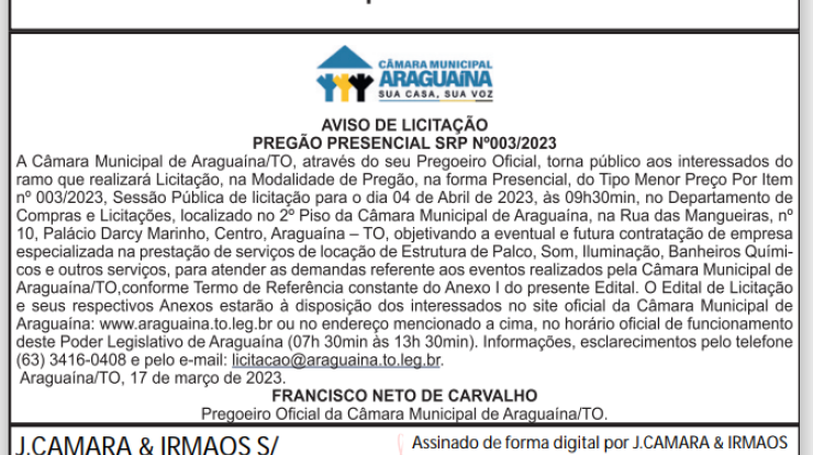 AVISO DE LICITAÇÃO PREGÃO PRESENCIAL SRP Nº003/2023