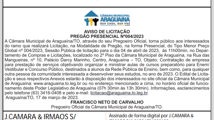 AVISO DE LICITAÇÃO PREGÃO PRESENCIAL Nº004/2023