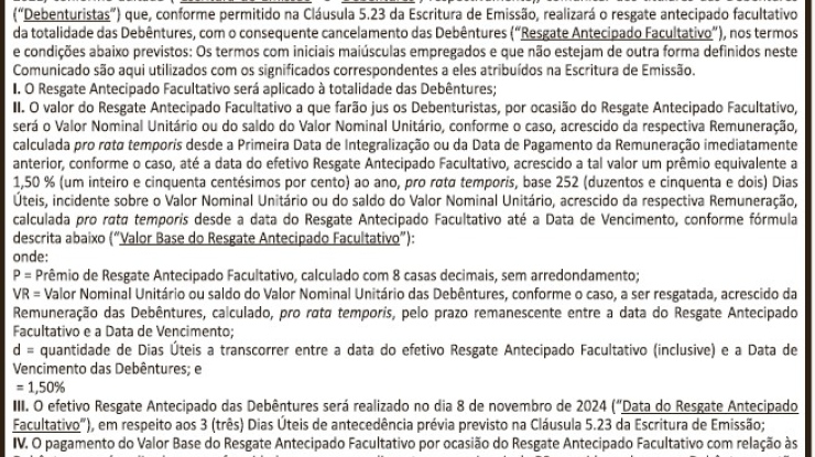 COMUNICADO DE RESGATE ANTECIPADO FACULTATIVO REFERENTE A 1ª (PRIMEIRA) EMISSÃO DE DEBÊNTURES SIMPLES